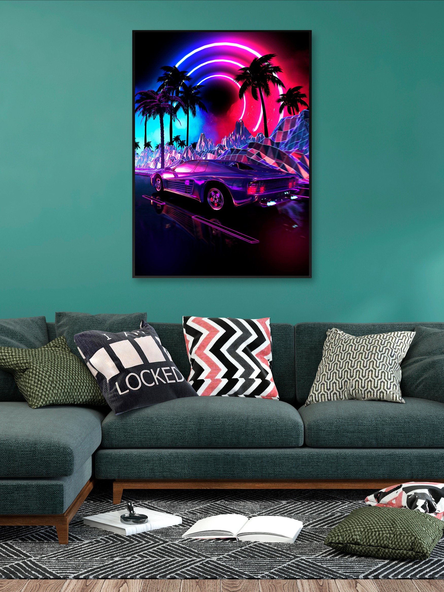 Neon landscape: Synthwave palms & car, outrun [synthwave/vaporwave/cyberpunk] — Aesthetic retrowave poster product image (2)