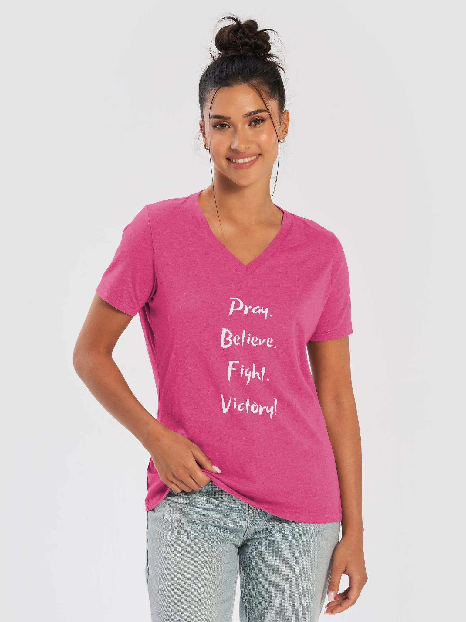 VIP Victory in Prayer Breast Cancer Awareness "Pray, Believe, Fight, Victory!" Womens V-Neck Tee product image (9)