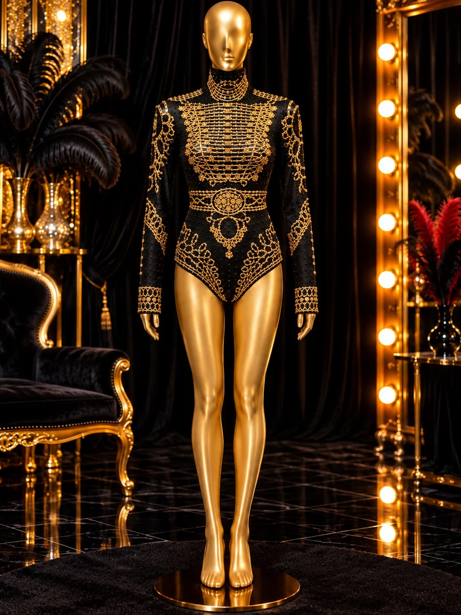 Black & Gold Crystal Showgirl Bodysuit – Long Sleeve High Neck Stage Costume product image (2)