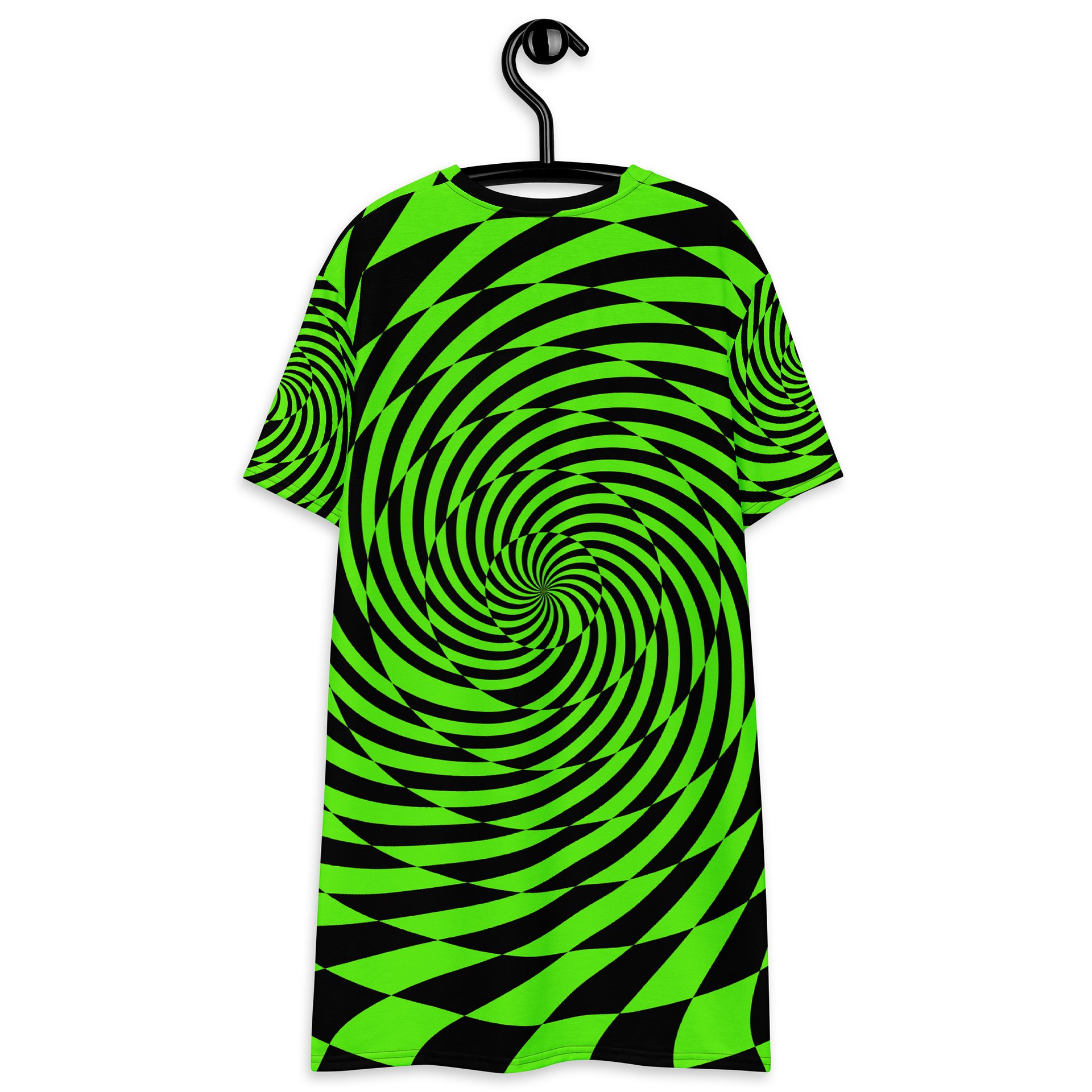Trippy Rave Wear Spirals T-Shirt Dress, Psychedelic EDM Festival Outfit, Neon Green Black Alternative Fashion, Dance Party Checker Clothing product image (7)