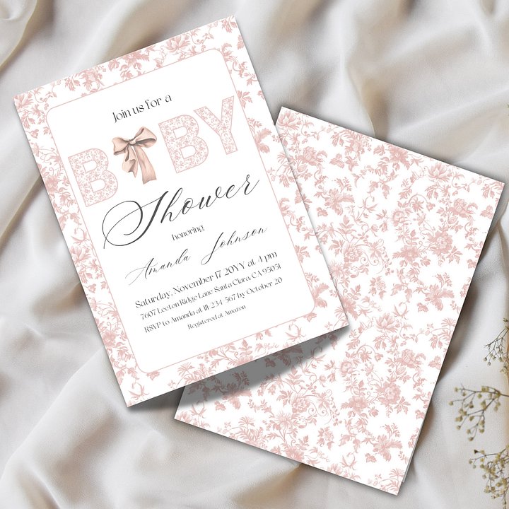 Pink Bow Toile de Jouy Baby Shower Invitation, Chinoiserie Floral Themed Girl Baby Shower Invite for Digital Download | Canva Template product image (2)