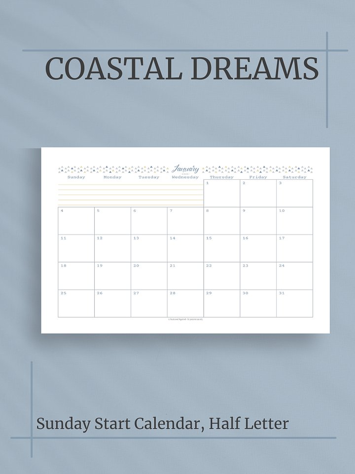 Coastal Dreams 2026 Calendar - Single Page per Month, Sunday Start, Half Letter Size product image (1)
