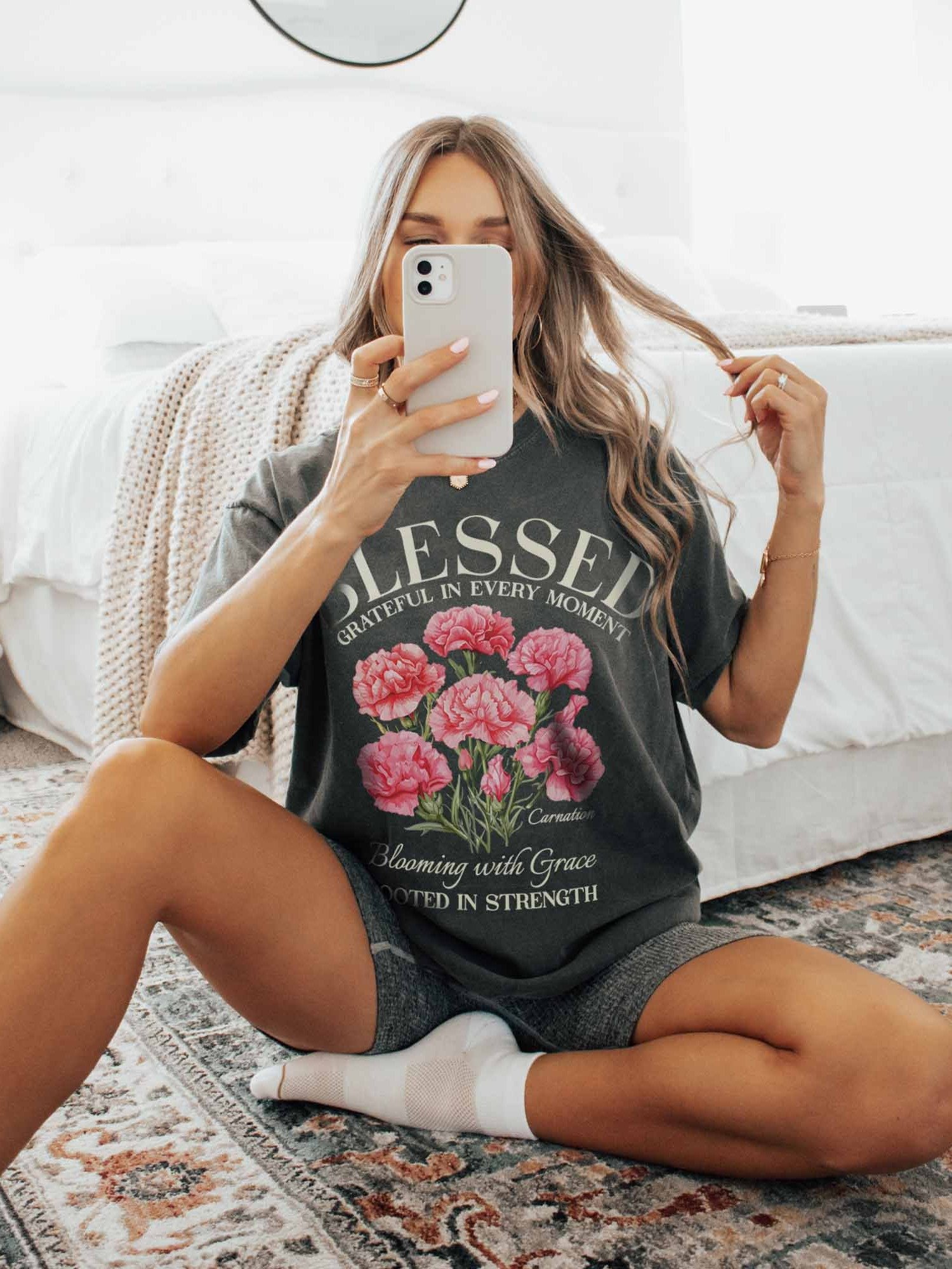 January Blessed Carnation Flower Shirt – Blooming with Grace Inspirational Floral Graphic Tee product image (2)
