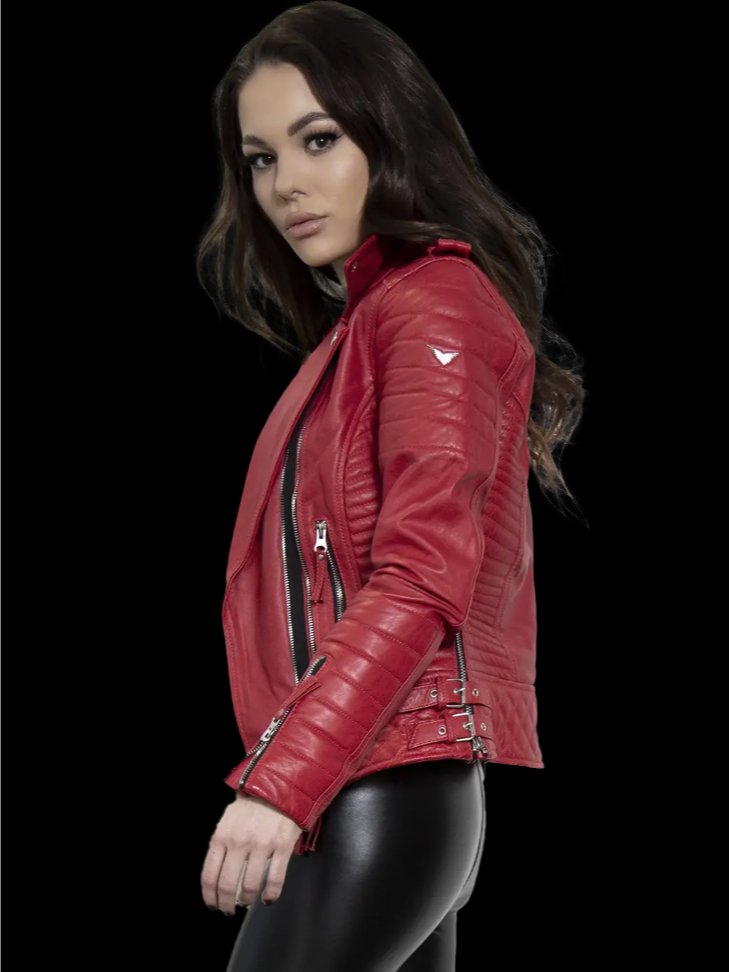 Ladies Quilted Red Leather Moto Jacket product image (4)