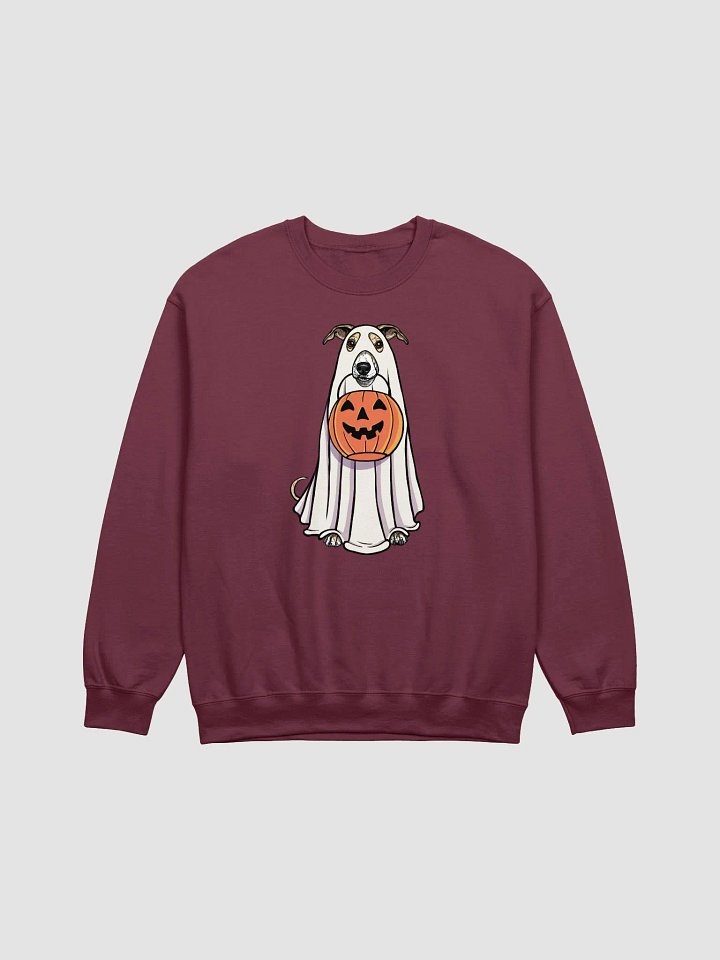Funny Halloween Whippet(Fawn & White) Sweatshirt | Funny Dog Wearing a Ghost Costume and Holding a Pumpkin Basket product image (1)