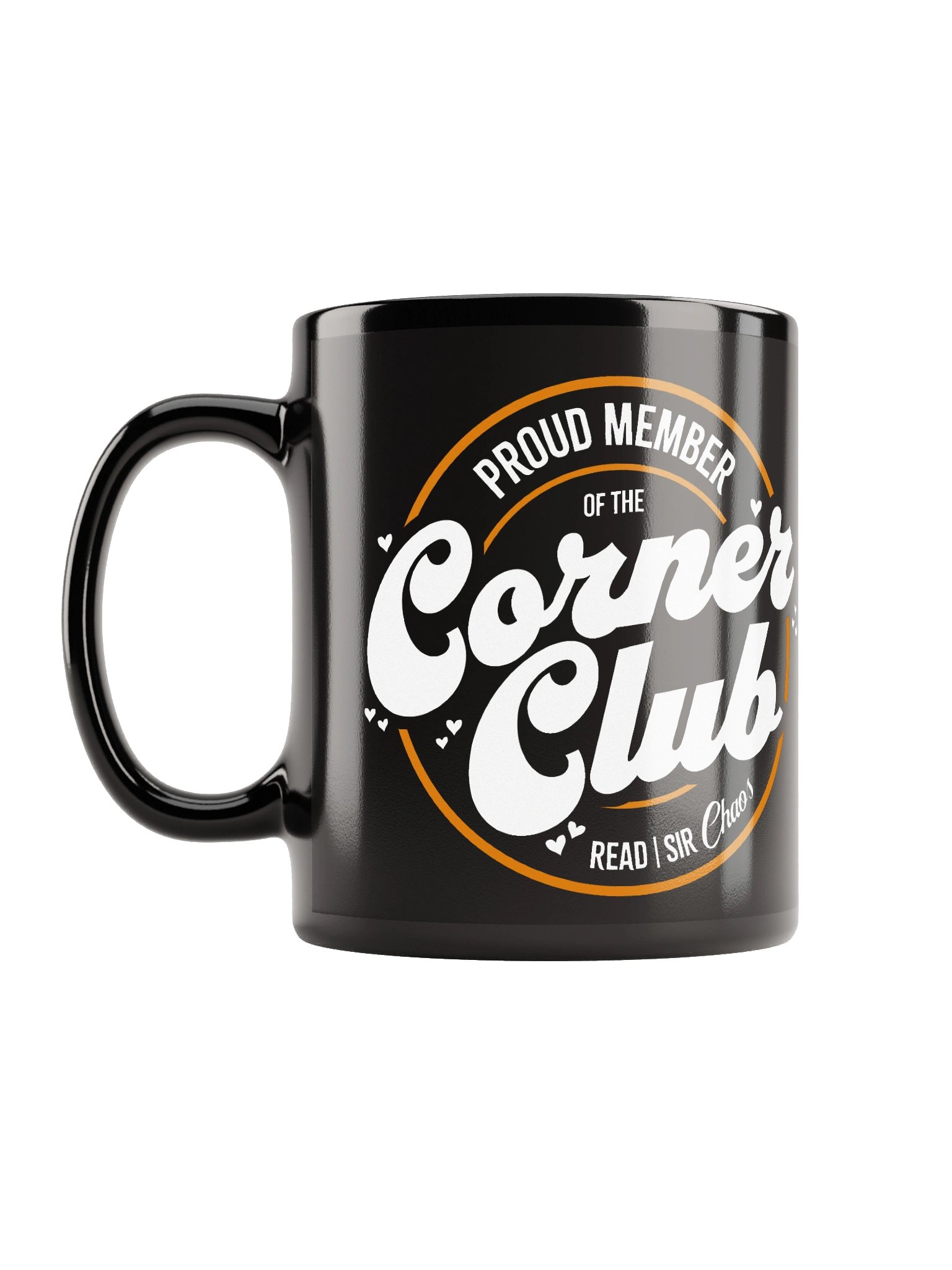 Corner Club Black Mug (White & Orange Text) product image (1)