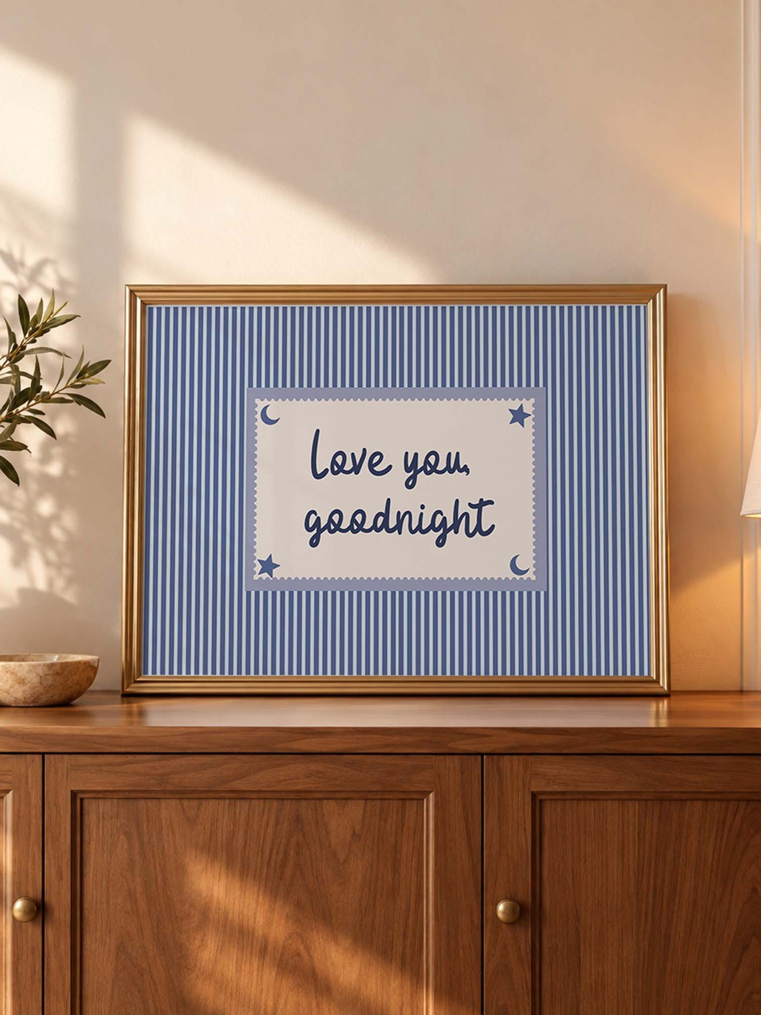 Love You Goodnight Print, Blue Striped Bedroom Wall Art, Handwritten Bedtime Quote, Nursery Decor, Horizontal Digital Download product image (3)