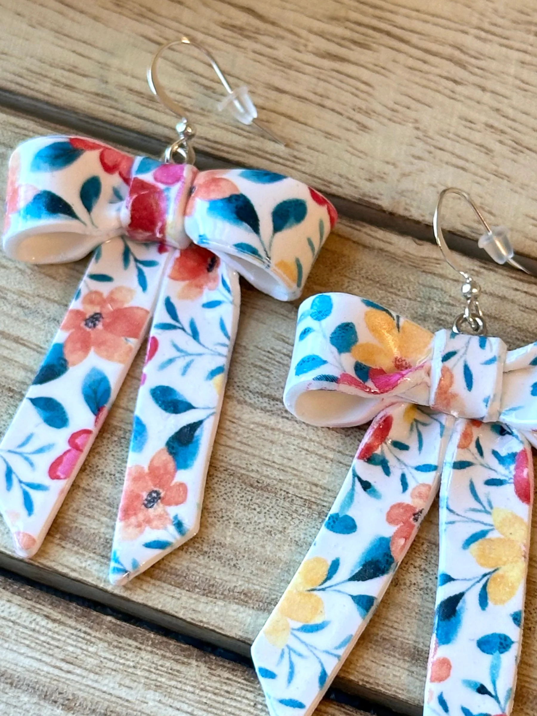 Floral Ribbon Bow Earrings – Handmade Clay Statement Dangles product image (8)