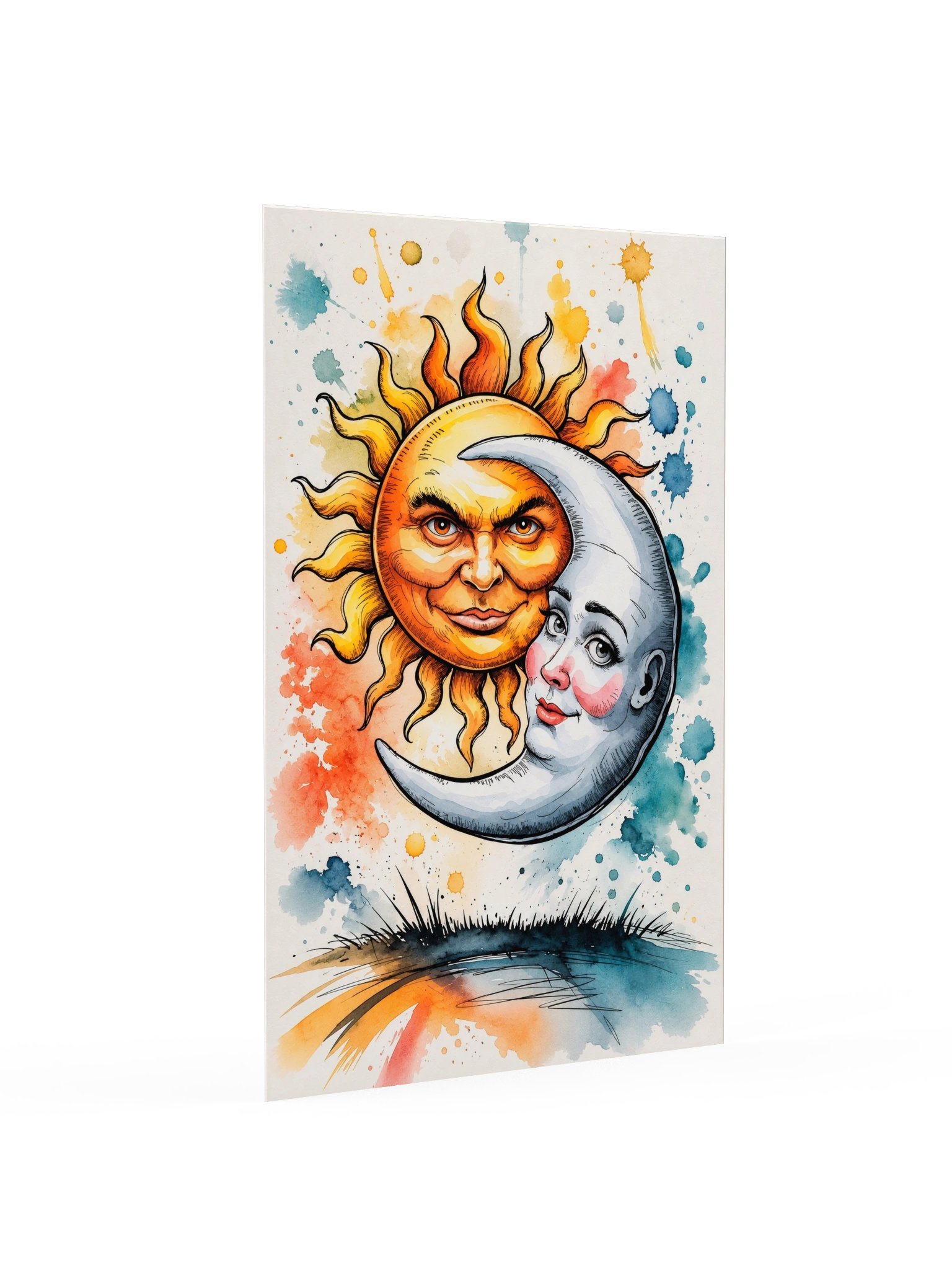 Celestial Mischief – Whimsical Sun & Moon - Watercolor Art Premium Poster product image (2)