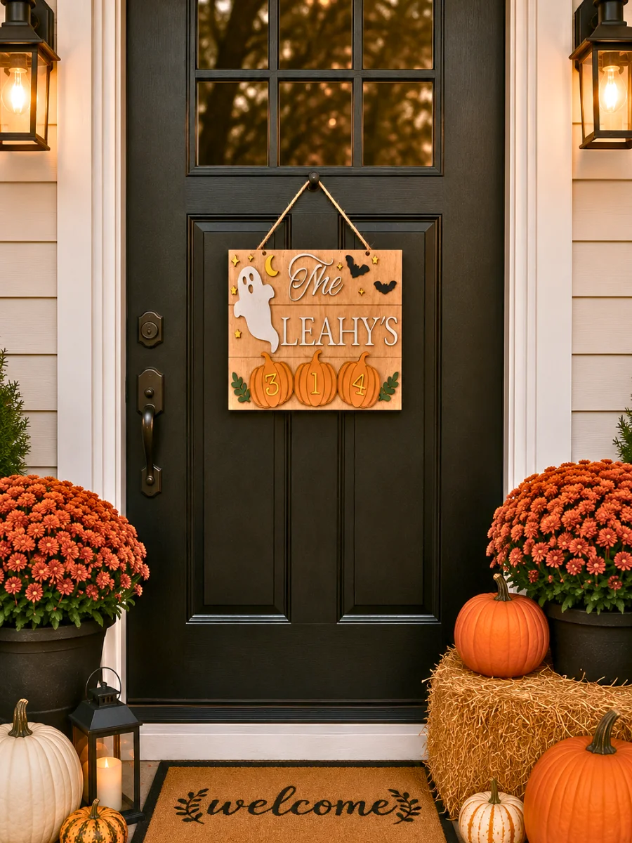 Personalized Halloween Door Hanger | Custom Family Name, House Number Sign | Basswood Pumpkin Decor product image (3)