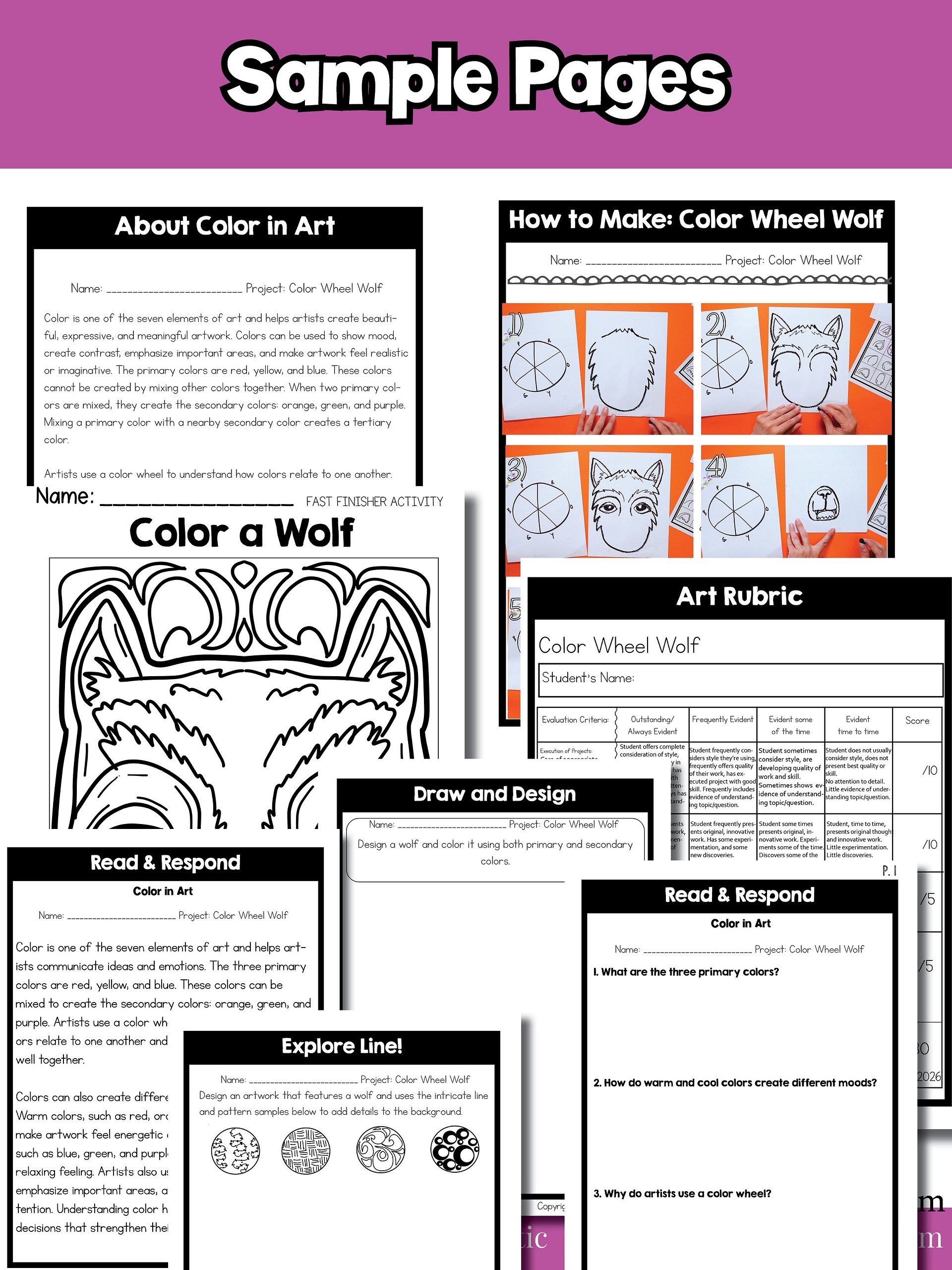 Color Wheel Art Lesson Element of Art Color 4th Grade Color Wheel Wolf Project product image (9)