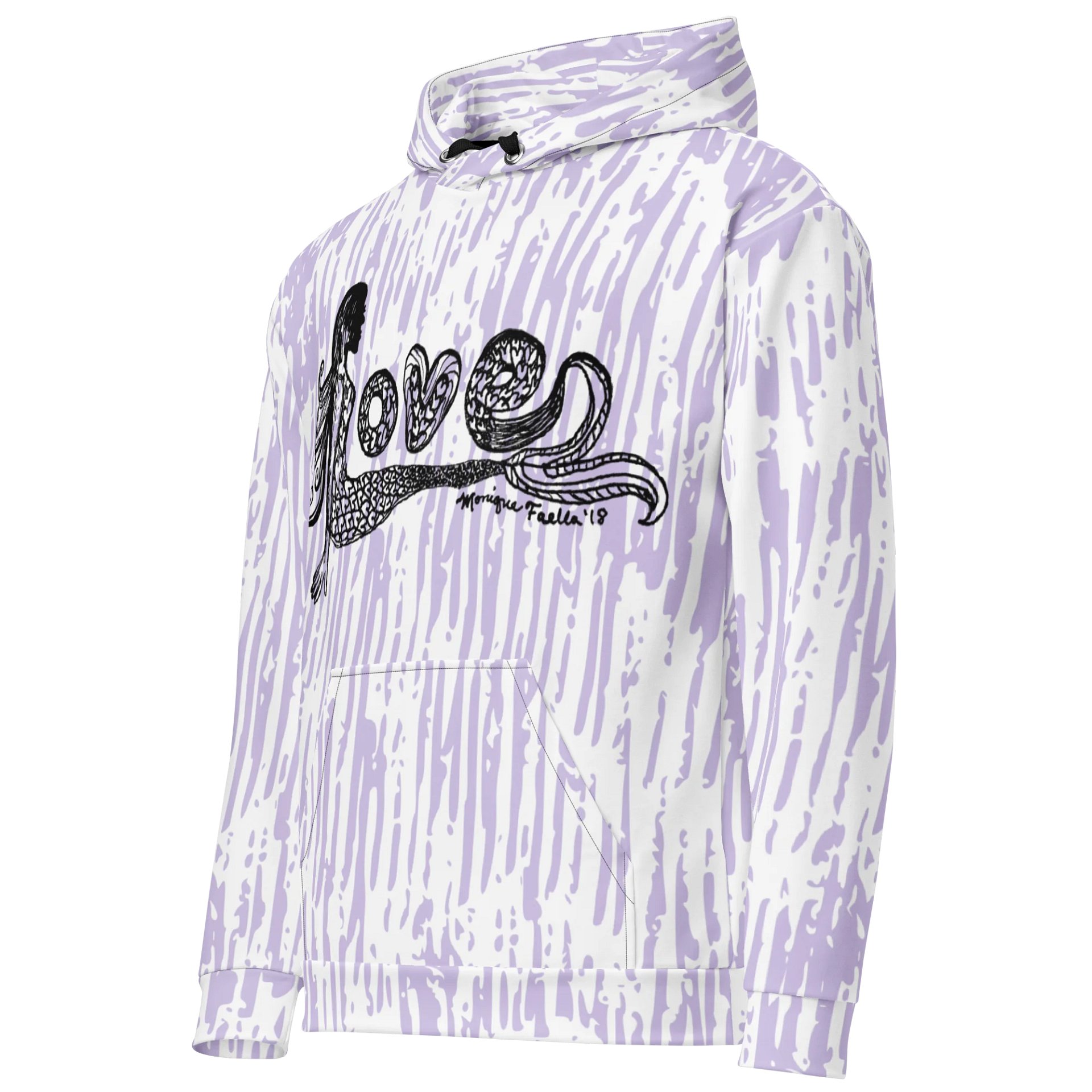 Mermaid Love | Black on Vertical Lavender Lines | Comfy All-Over Print Unisex Hooded Sweatshirt | Ocean-Inspired | Monique Faella Designs™ product image (2)