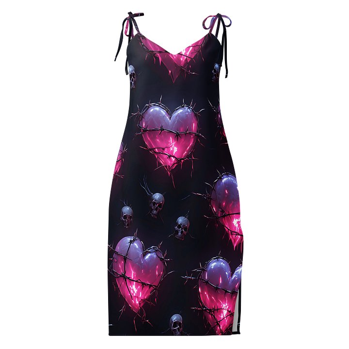 Neon Barbed Heart Skull Midi Slip Dress - Glow Pink Shattered Hearts Chiffon Halter Dress with Slit product image (1)