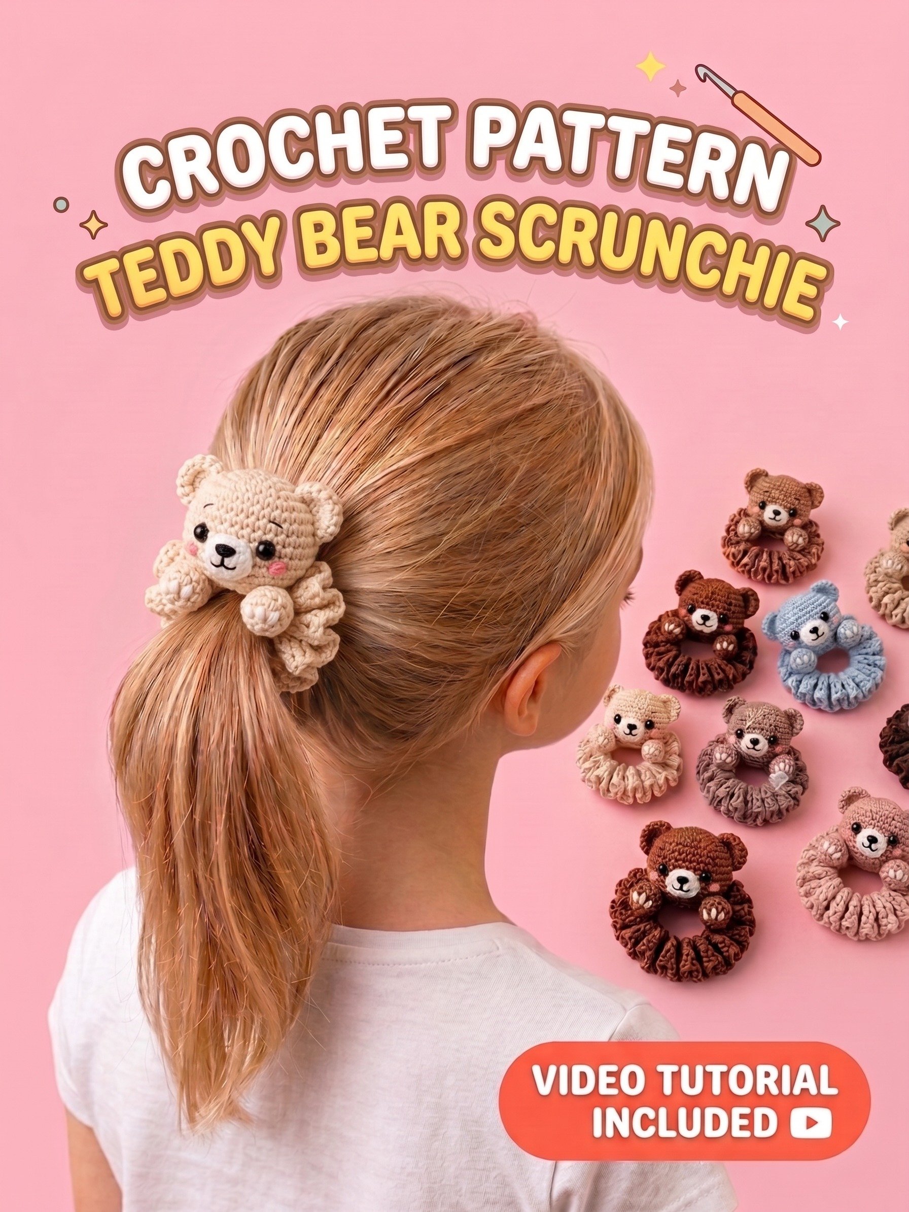 Teddy Bear Scrunchie Crochet Pattern PDF, Amigurumi Hair Tie, Video Tutorial Included product image (3)