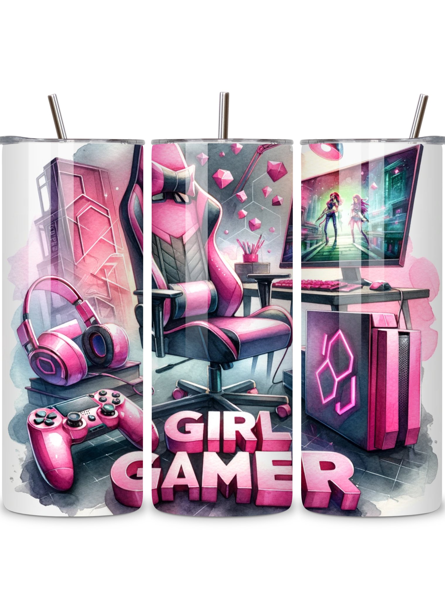 Girl Gamer 20oz Skinny Tumbler with Metal Straw – Pink Gaming Setup Design with Controller and Headset – Double-Walled Insulated Stainless Steel Tumbler for Hot & Cold Drinks product image (1)