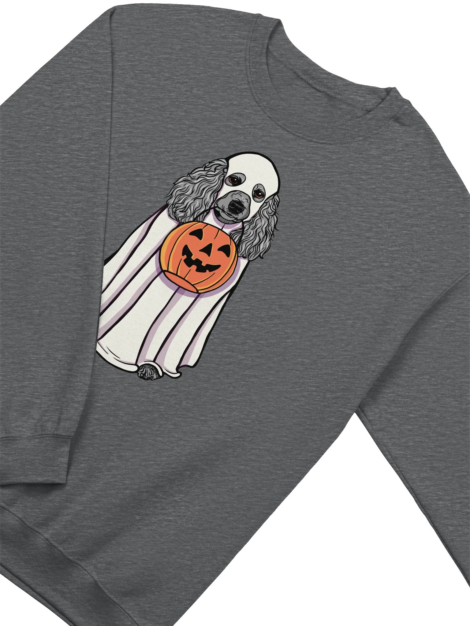 Funny Halloween Poodle(Silver) Sweatshirt | Funny Papillon Wearing a Ghost Costume and Holding a Pumpkin Basket product image (4)