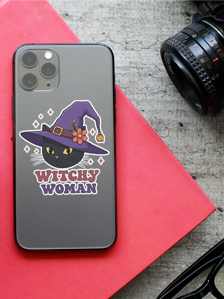 Witchy Woman Kiss-Cut Sticker – Cute Black Cat Witch Hat Sticker, Spooky Halloween Vinyl Decal, Gothic Aesthetic Laptop & Water Bottle Sticker product image (1)