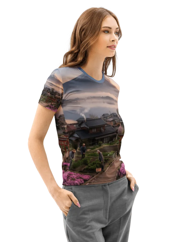 Mount Fuji Village Pink Moss Women’s Cotton Crew Neck T-Shirt product image (5)