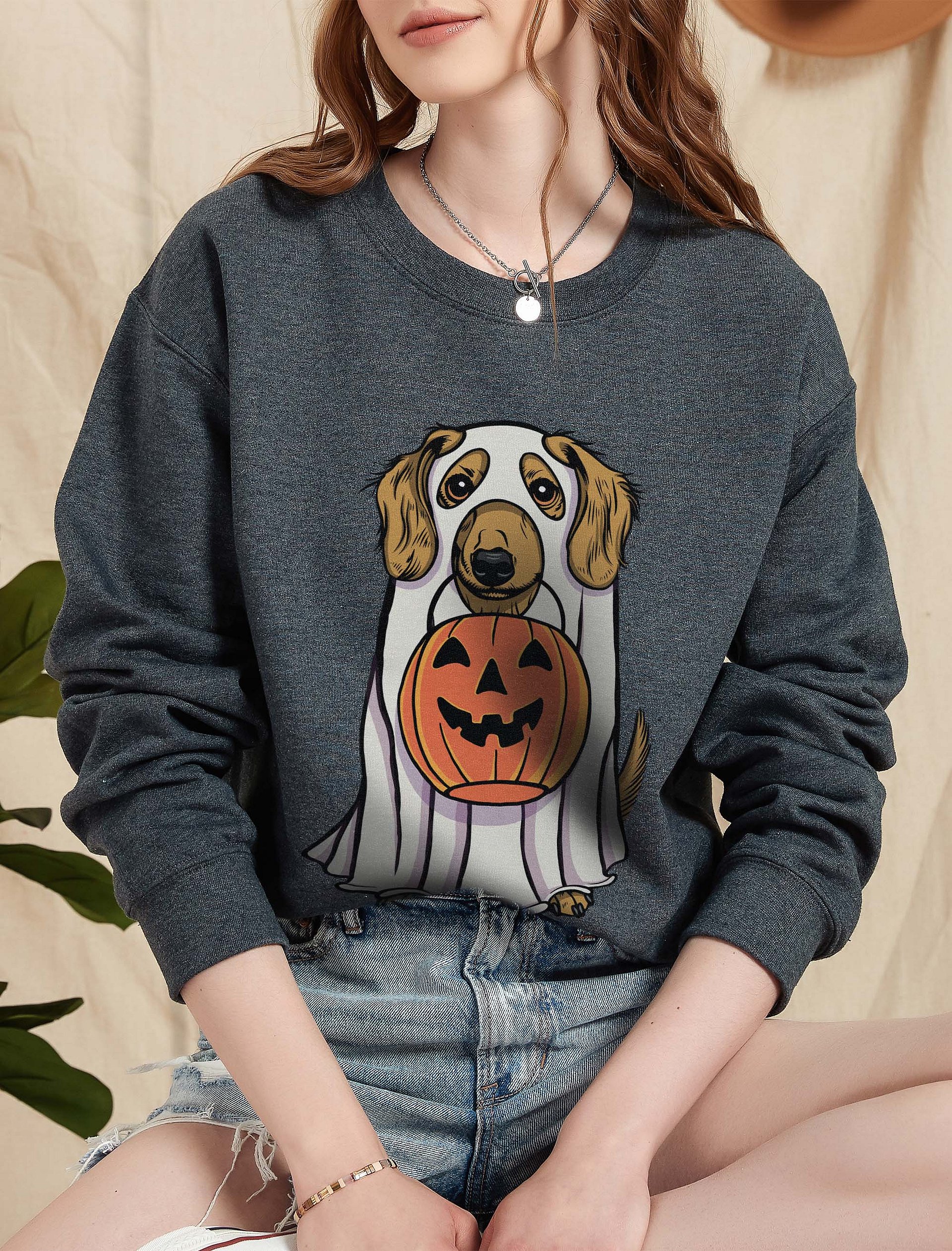 Funny Halloween Longhaired Dachshund(Fawn) Sweatshirt | Funny Doxie/Wiener Wearing a Ghost Costume and Holding a Pumpkin Basket product image (2)