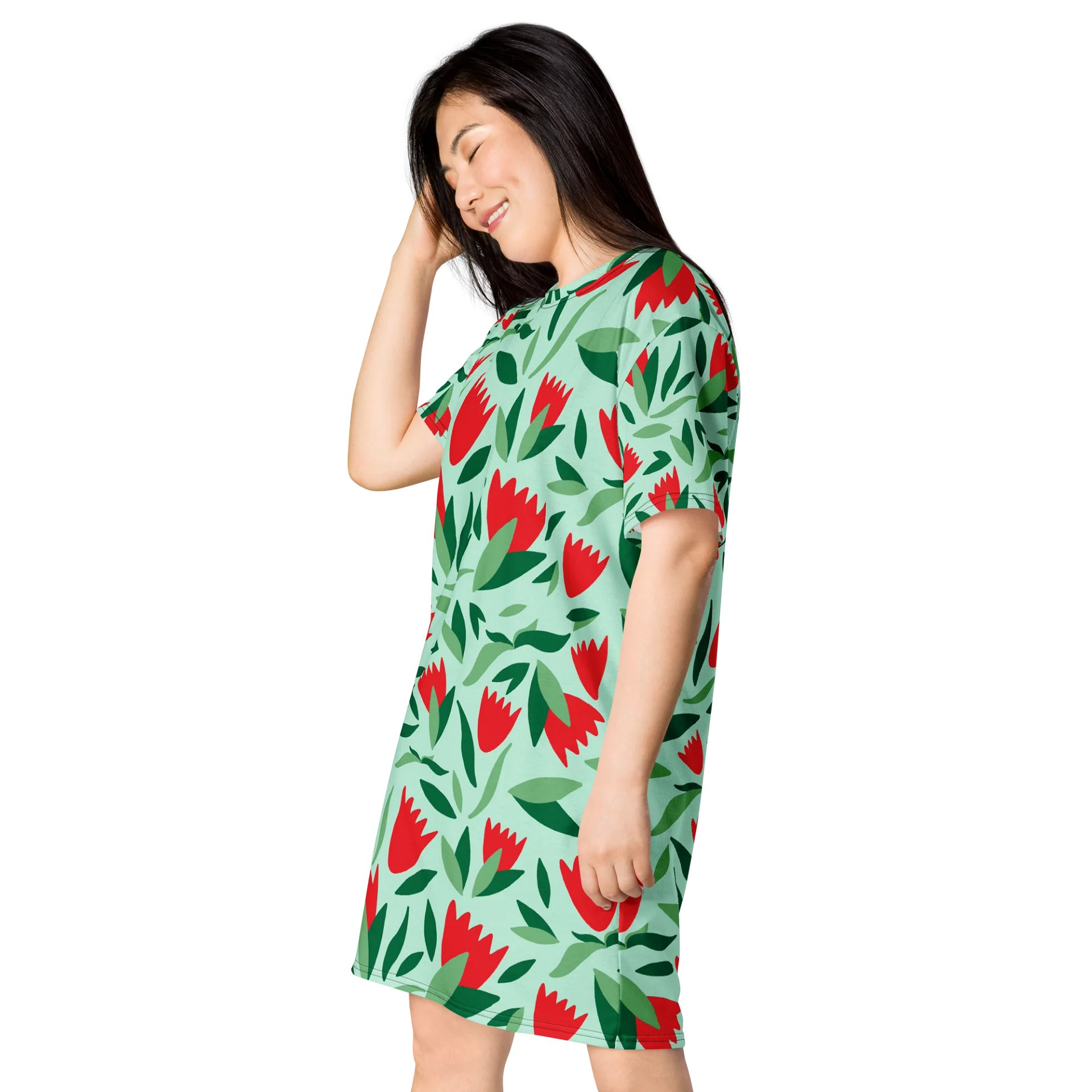 Vibrant Red & Green Floral Oversized T-Shirt Dress - Exclusive TDSMUSIC Design product image (3)