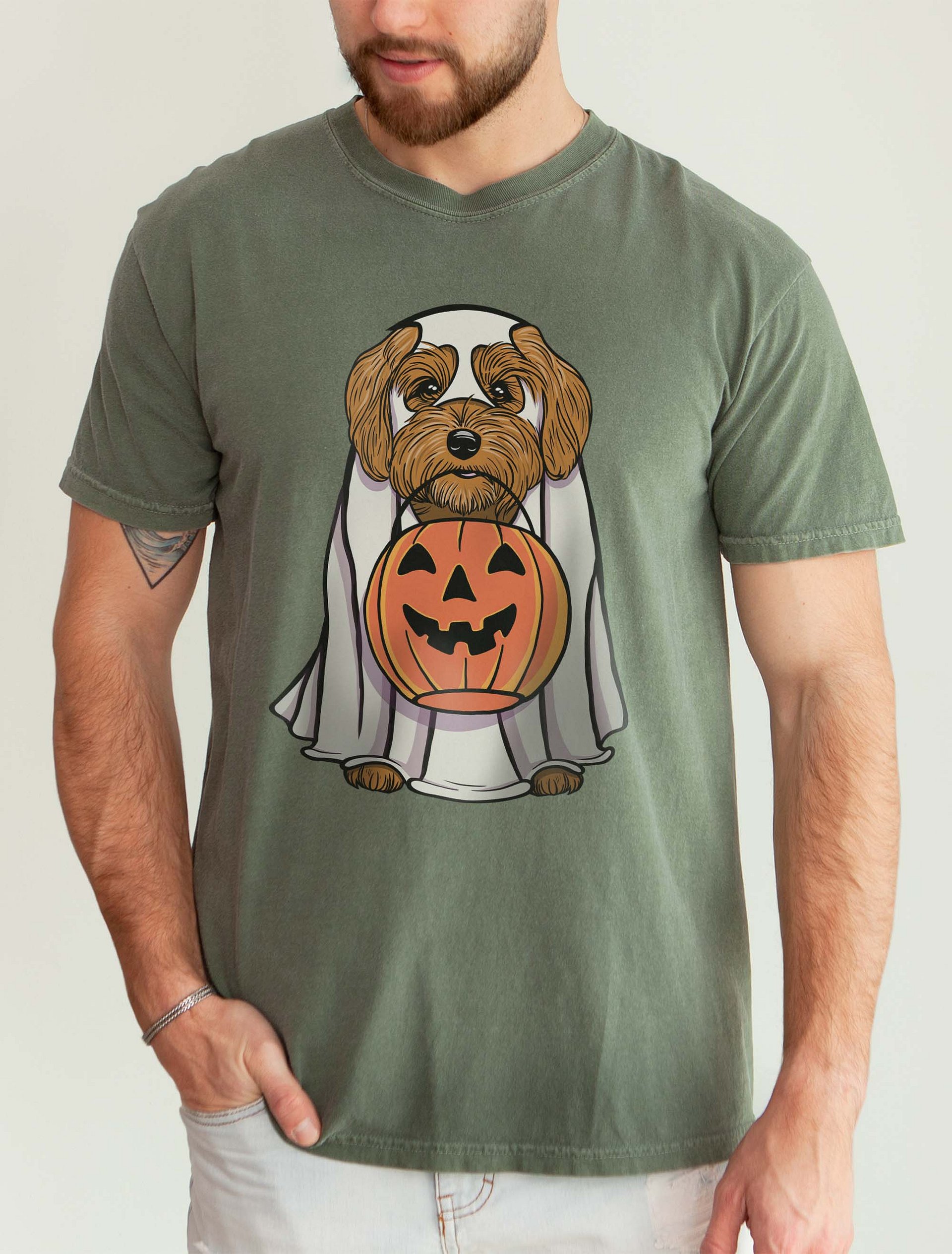 Funny Halloween Havanese T-Shirt | Funny Havanese Wearing a Ghost Costume and Holding a Pumpkin Basket product image (2)
