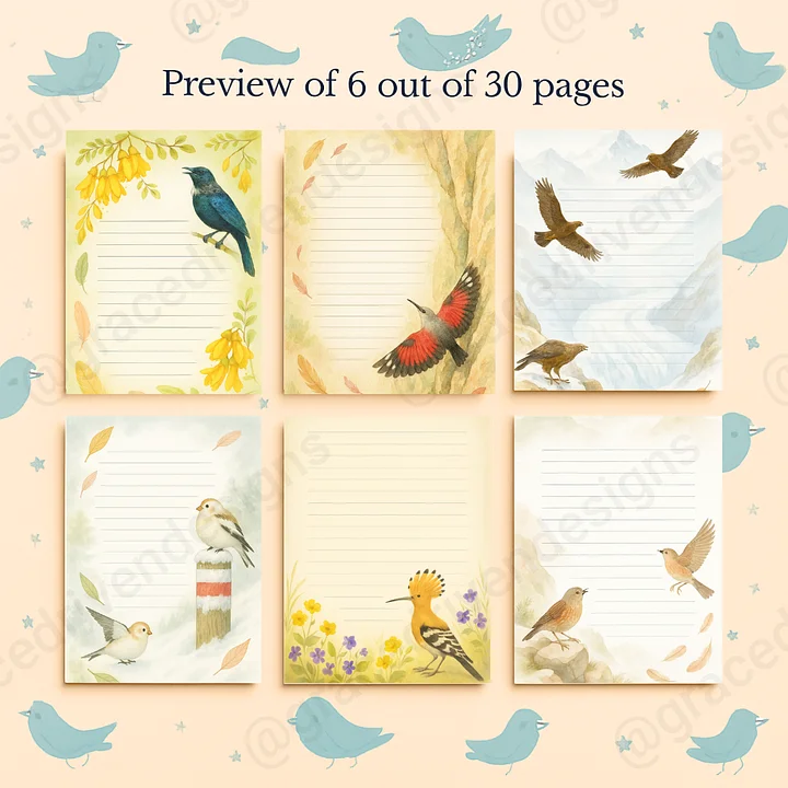 Printable Birds-Themed Notebook | A4 Size | PDF | 30 Pages | Instant Digital Download for Kids & Adults + Freebies product image (2)
