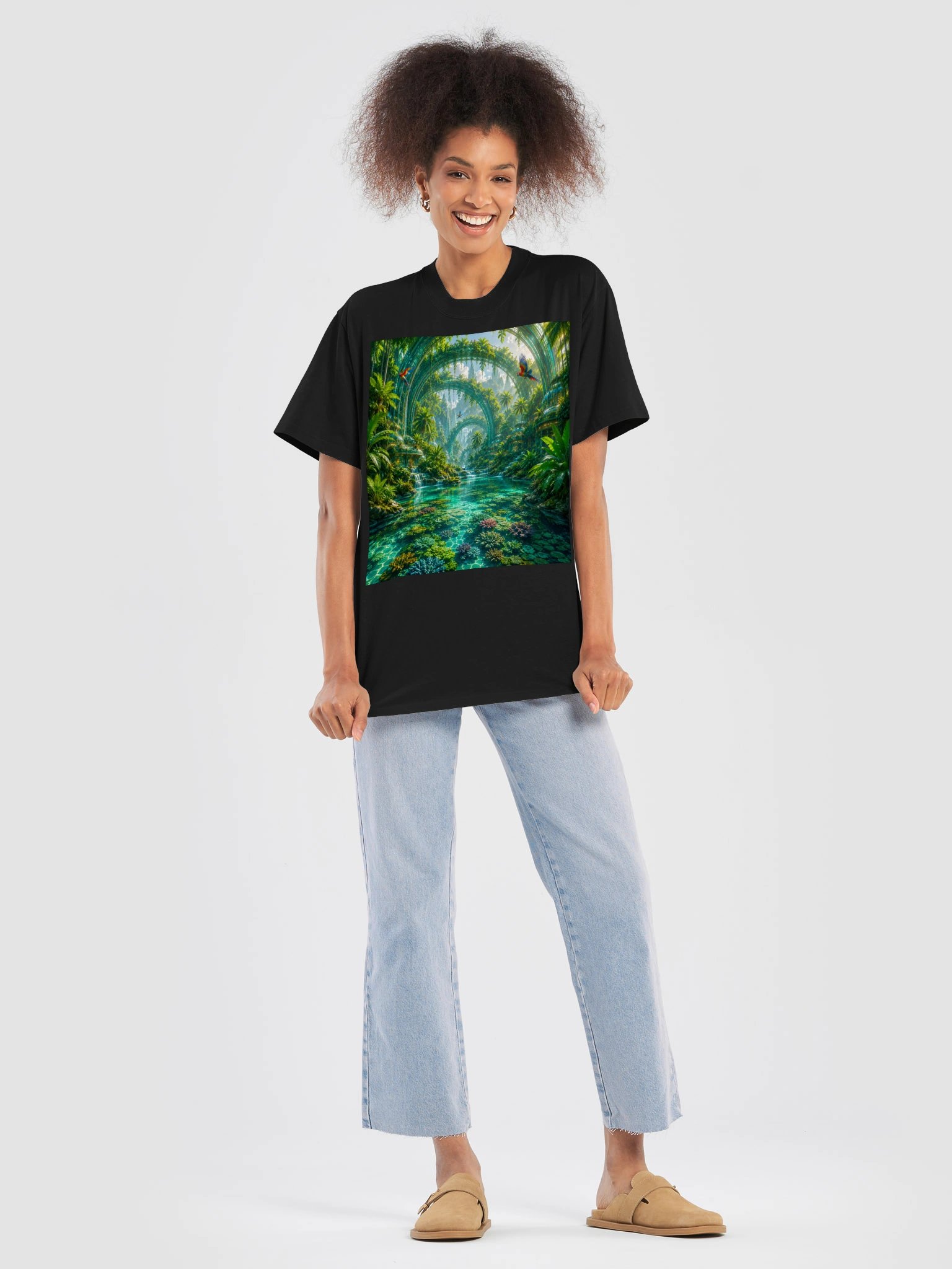 Futuristic Tropical Utopia T-Shirt | Turquoise Lagoon & Coral City Graphic Tee | Unisex Oversized product image (8)