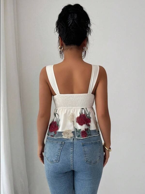 Floral Bow Knot Wide Strap Ruffle Asymmetric Top | Women's Casual Slim Fit Cami for Stage, Concert & Back-to-School | ADLEST product image (2)