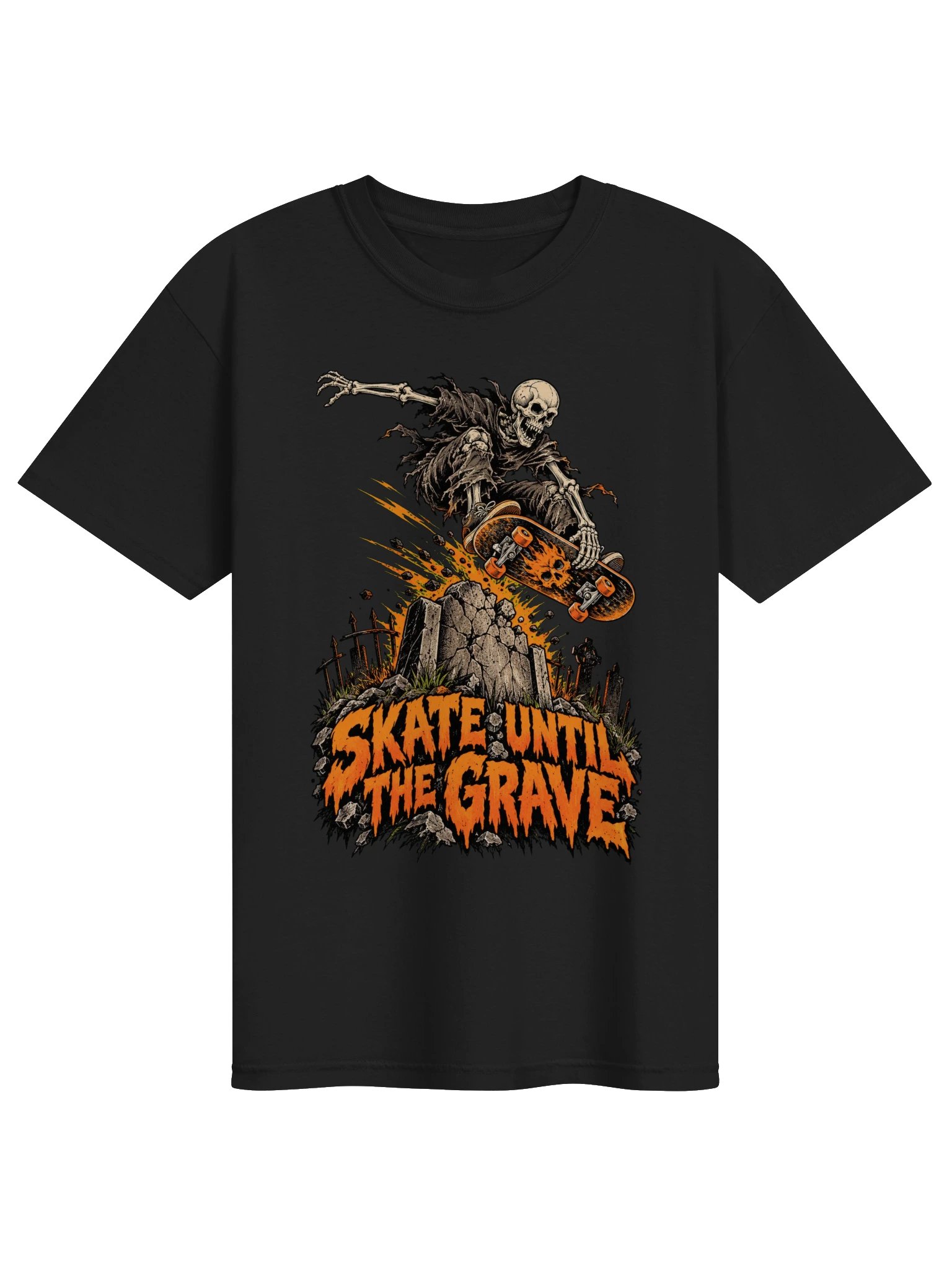 Skate Until the Grave — Halloween Skeleton Skateboard T-Shirt product image (1)