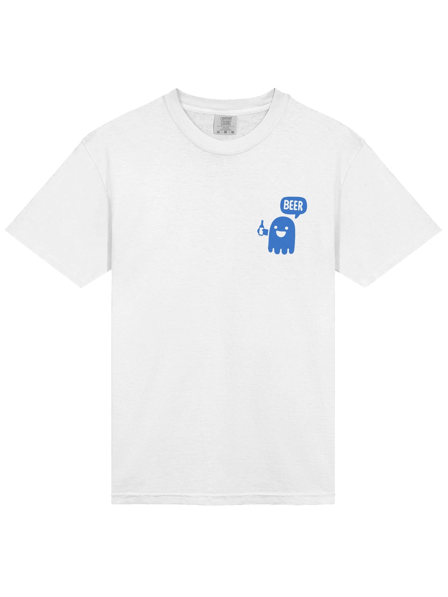 Funny Blue Ghost Beer T-Shirt – White Pocket Print Tee with Cute Ghost Drinking Beer Design product image (83)