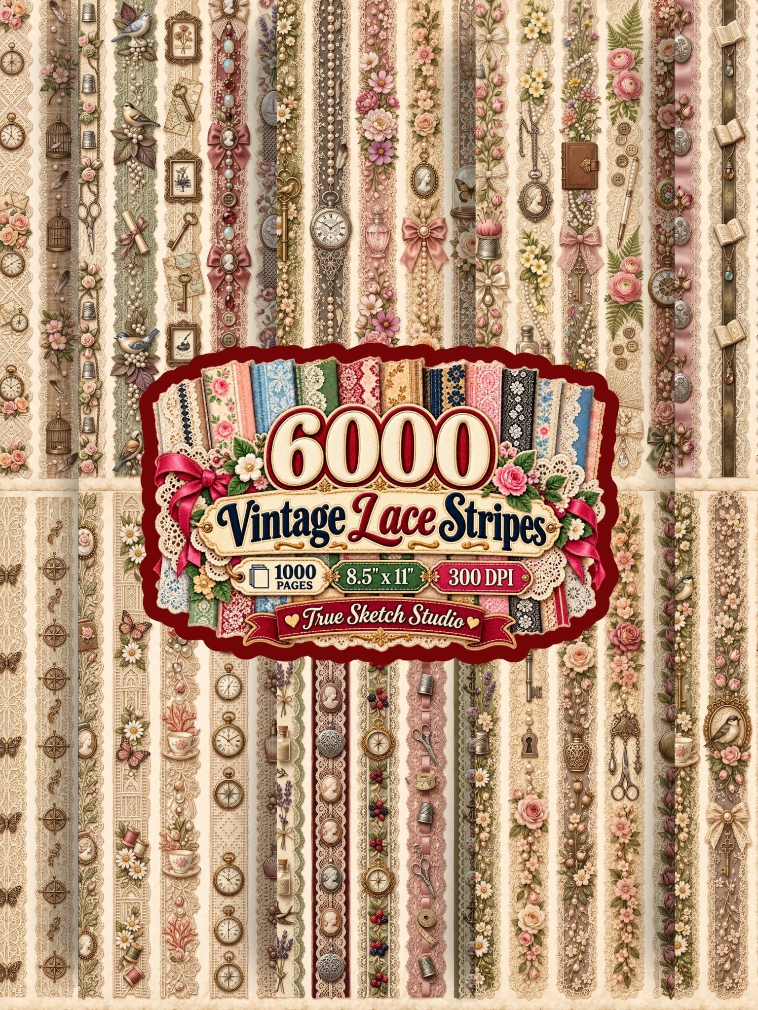 6000 Vintage Lace Strips, Printable Junk Journal Trim, Shabby Chic Ephemera, Rose Scrapbook Borders, 1000 JPG Pages, 8.5x11 Digital Download product image (2)