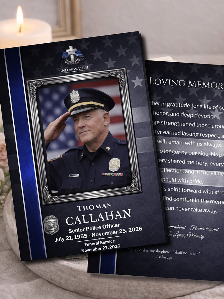 Thin Blue Line Police Funeral Prayer Card Template, Editable Canva Memorial Card for Law Enforcement Officers product image (2)