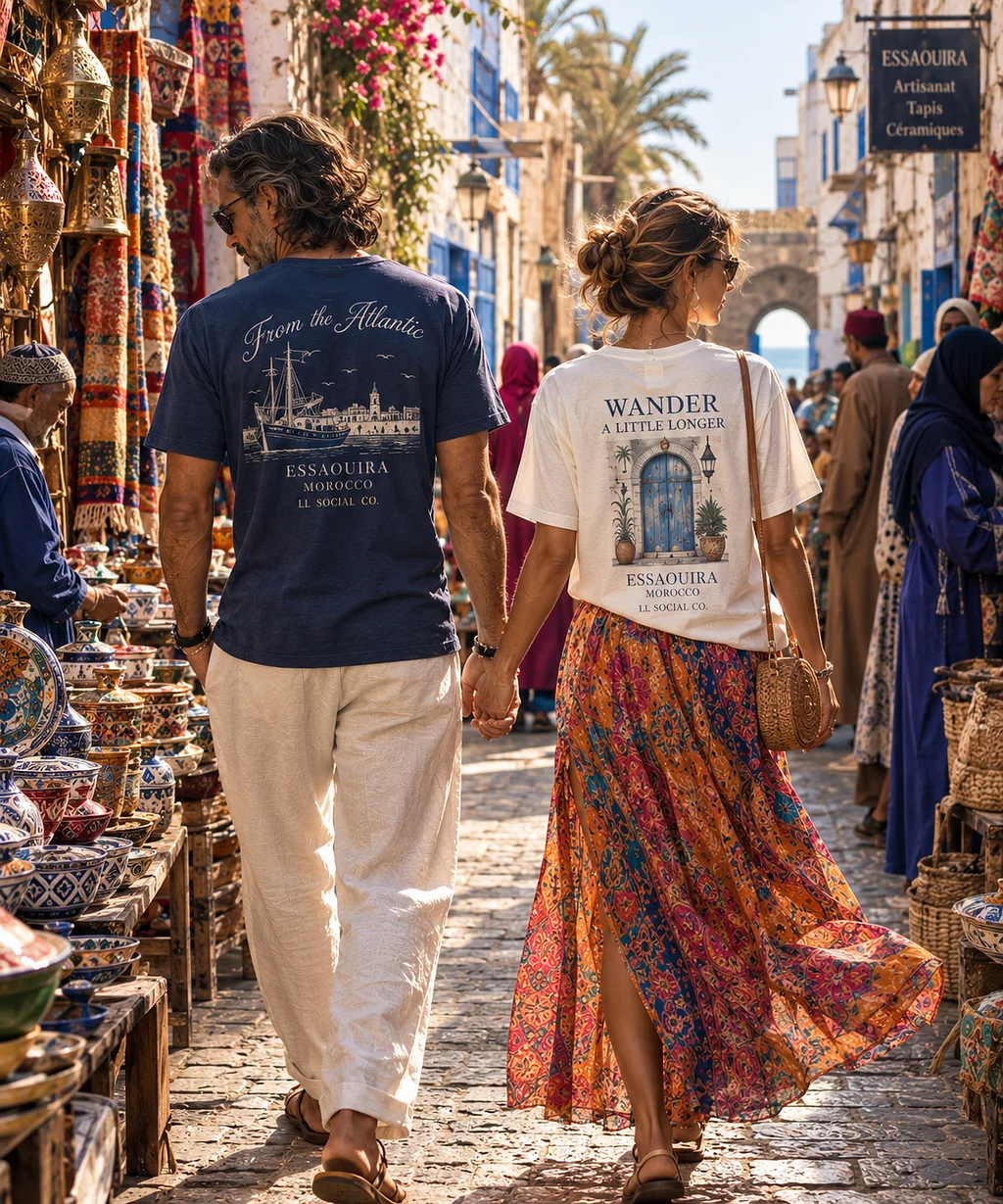 Couple wearing LL Social Co. Morocco graphic T-shirts walking through a colorful market street in Essaouira, with ceramics, textiles, baskets, and white-and-blue buildings.