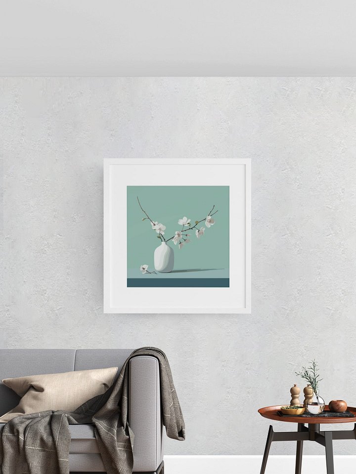 Serenity Blooms Art Poster - Simplistic White Vase with Delicate Flowers, Peaceful Botanical Print, Tranquil Home and Office Decor product image (1)