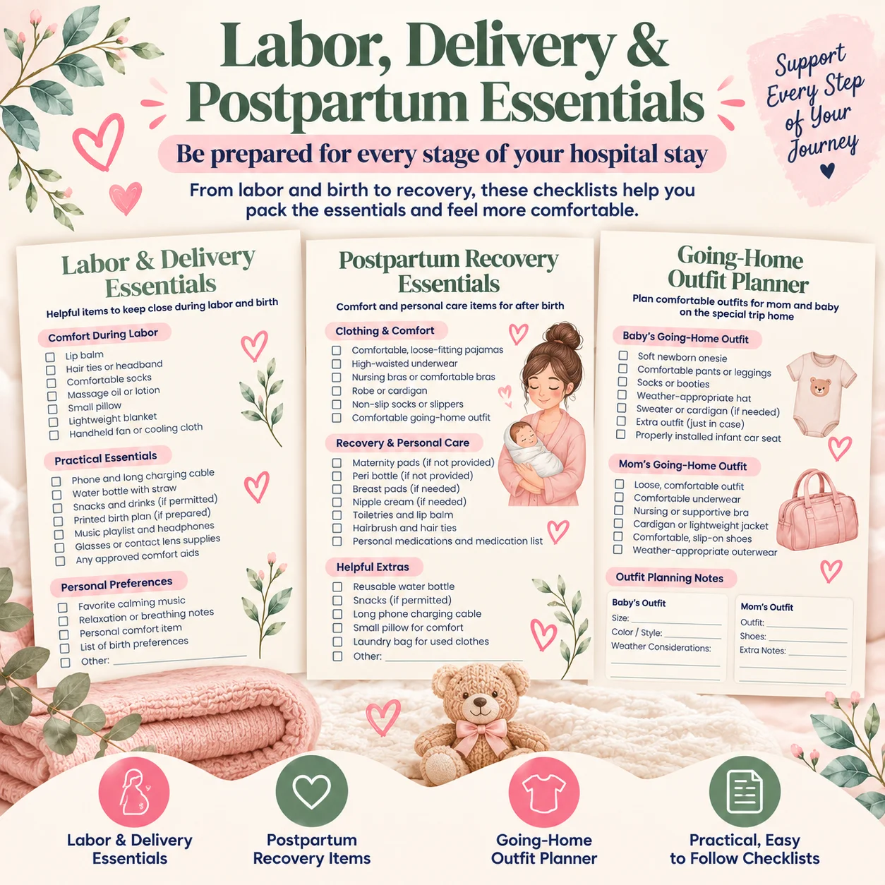Hospital Bag Checklist Printable | Birth Preparation Planner | 15-Page Mom, Baby & Partner Packing Kit product image (4)