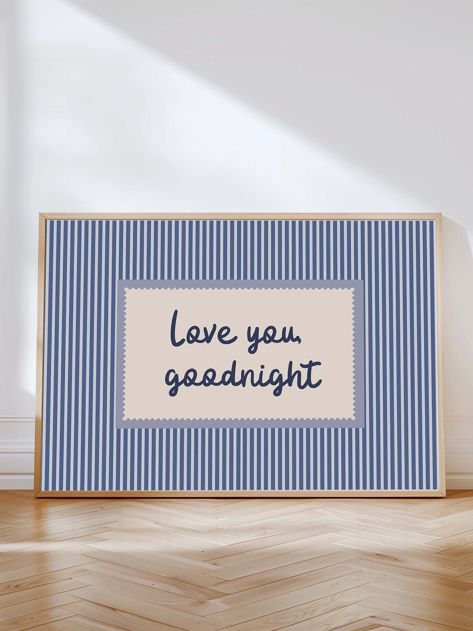 Love You Goodnight Wall Art, Blue Striped Typography Poster, Romantic Bedroom Decor, Horizontal Printable Download product image (2)