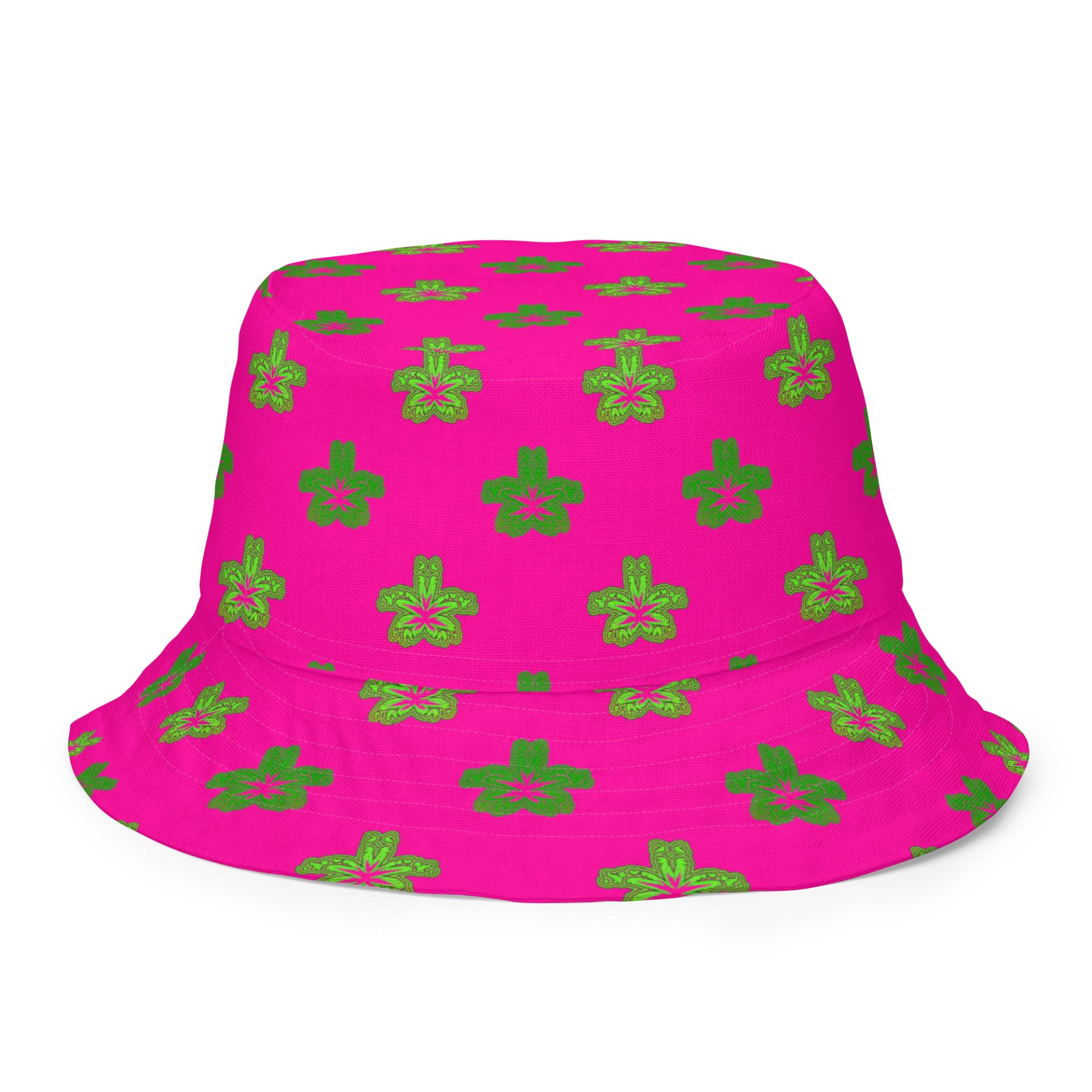Clowny Cannabis 420 Flower Reversible Bucket Hat, Stoner Circus Weed Art, Hot Pink Green Purple Pot Leaf Pattern 420 Fashion product image (1)