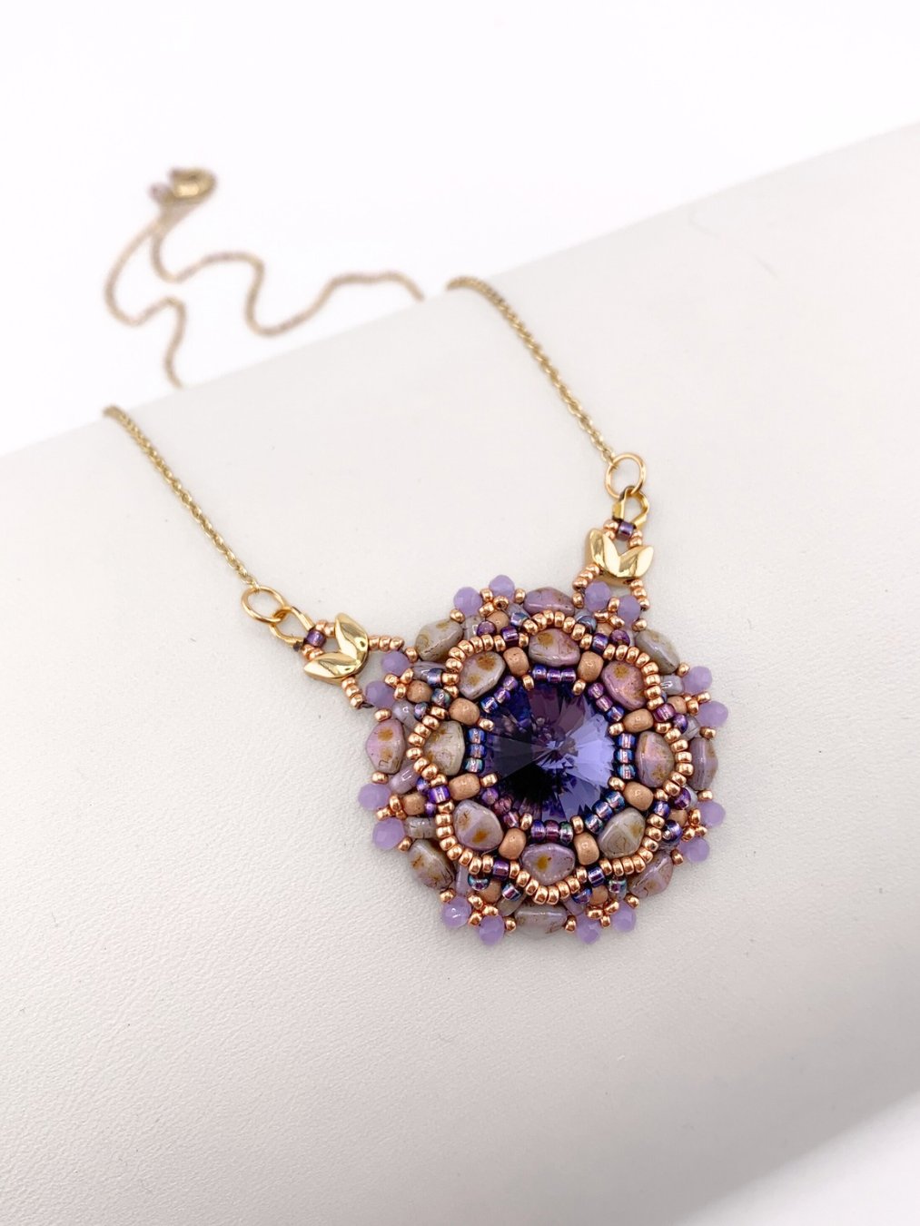 Twilight Bloom Beaded Crystal Pendant Necklace - Purple, Gold product image (3)