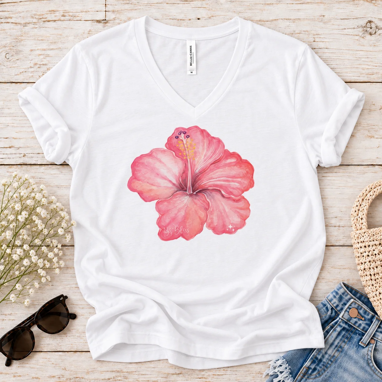 Pink Hibiscus V-Neck T-Shirt product image (1)