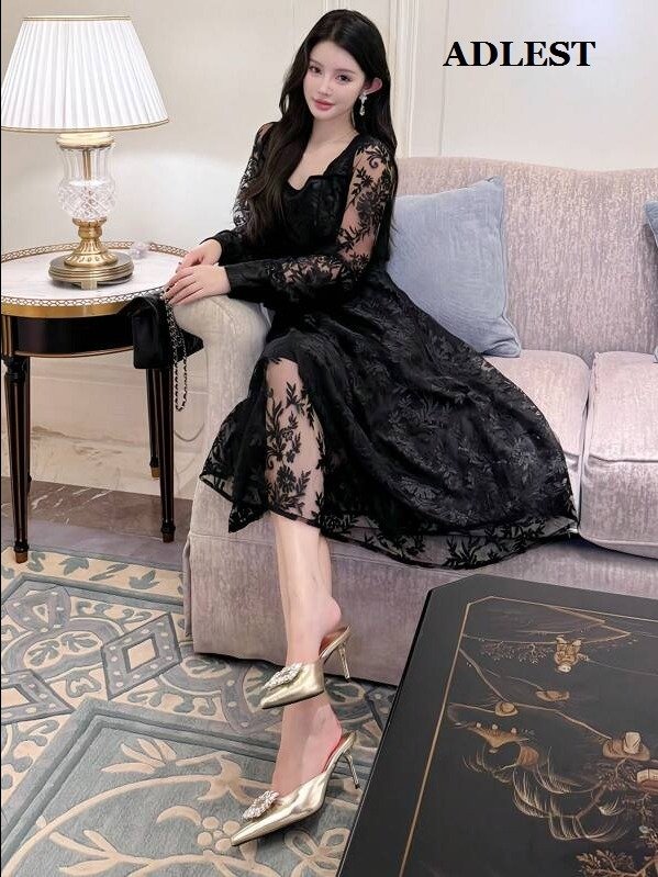 DAZY Women Solid Color Contrast Lace Long Sleeve Dress, Birthday, New Year Eve Prom Dress,Fall Dress Elegant Women Dresses product image (1)