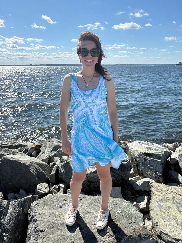 Bright Cyan Starfish Skater Dress | Ocean-Inspired Sleeveless Fit & Flare Dress | Monique Faella Designs™ product image (1)