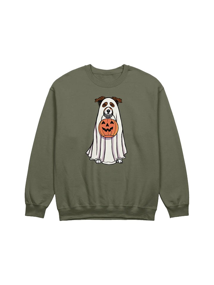 Funny Halloween Australian Shepherd(Red Tricolor) Sweatshirt | Funny Aussie Wearing a Ghost Costume and Holding a Pumpkin Basket product image (1)