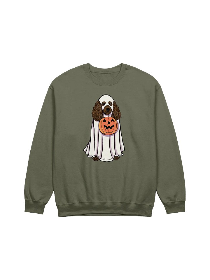 Funny Halloween Poodle(Chocolate) Sweatshirt | Funny Papillon Wearing a Ghost Costume and Holding a Pumpkin Basket product image (1)