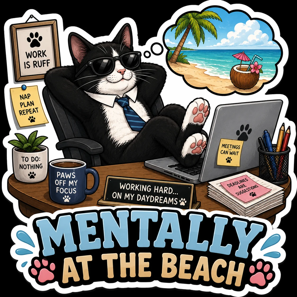 Mentally at the Beach Tuxedo Cat Sticker product image (1)