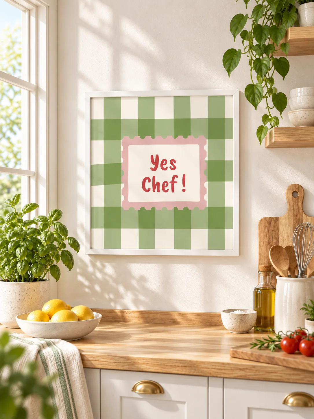 Yes Chef Printable Kitchen Wall Art | Green Gingham Retro Typography Poster product image (7)