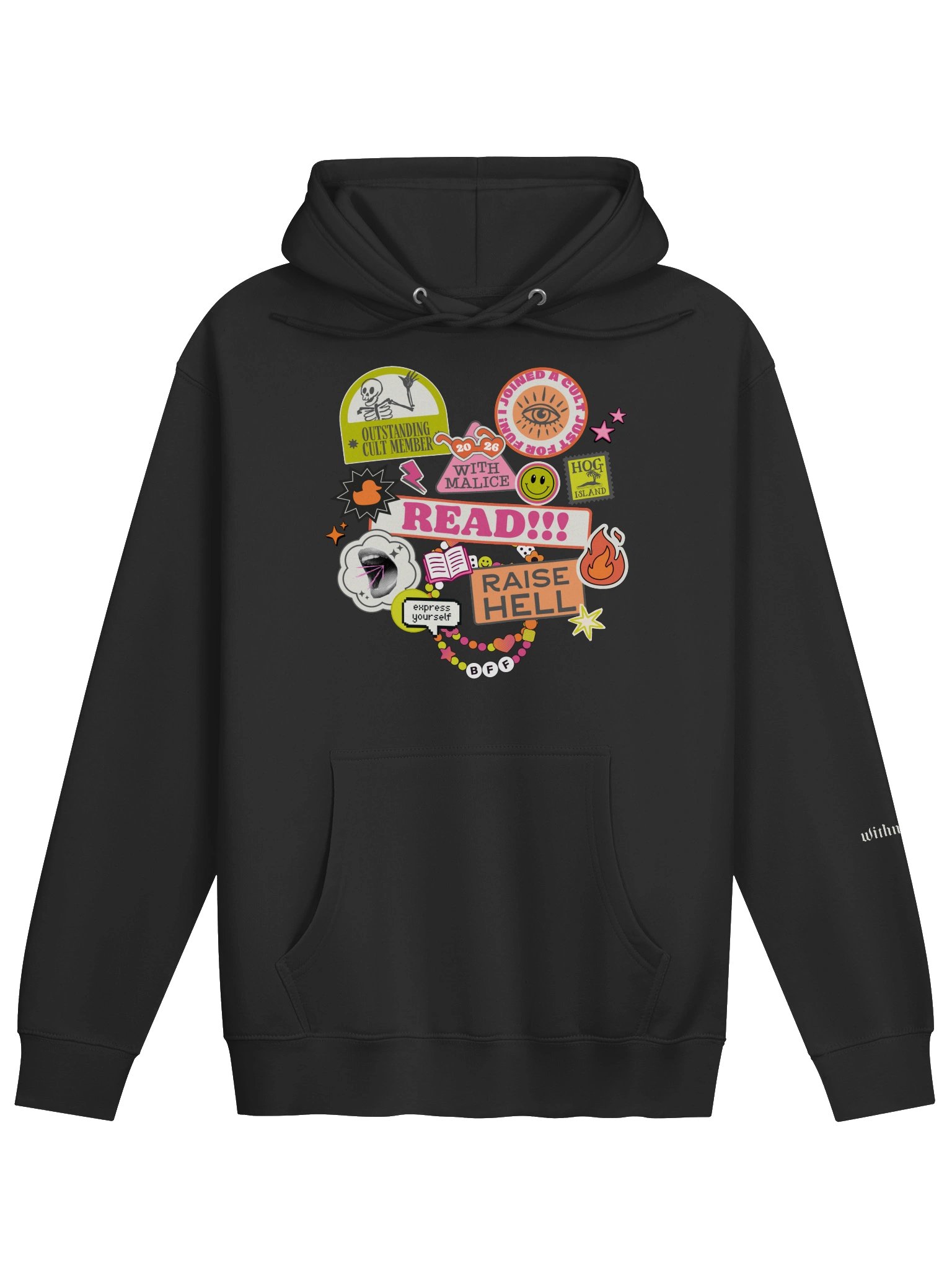 read & raise hell sticker hoodie product image (1)