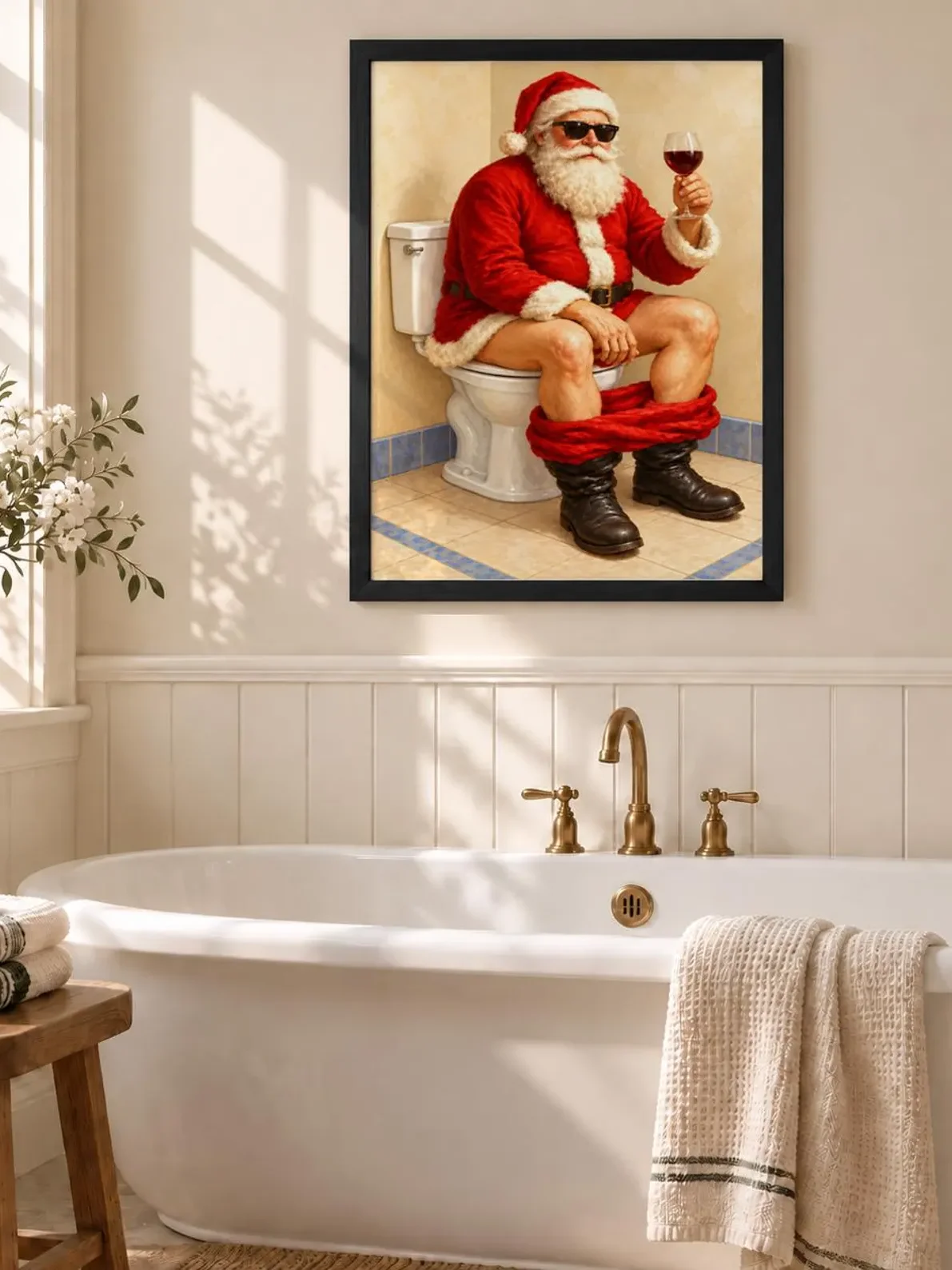 Funny Santa Toilet Print, Christmas Bathroom Wall Art, Sunglasses and Wine Poster, Quirky Holiday Decor, Printable Gift for Cozy Powder Room product image (8)
