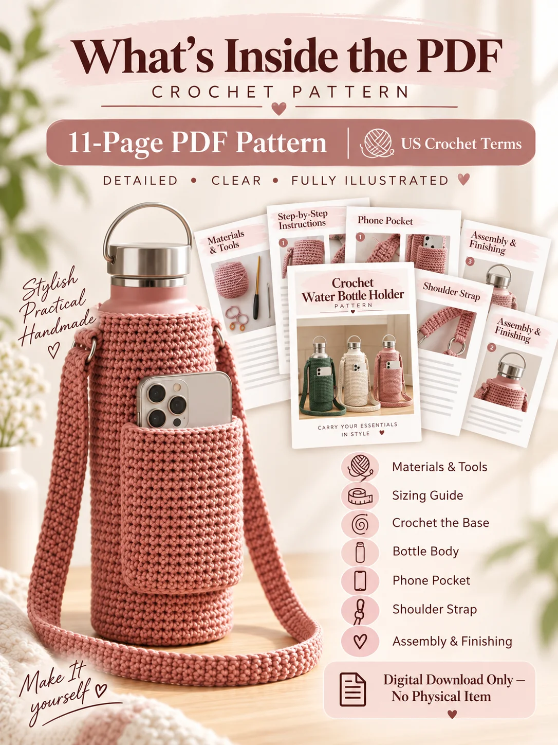 Crochet Water Bottle Holder with Phone Pocket – PDF Pattern product image (3)