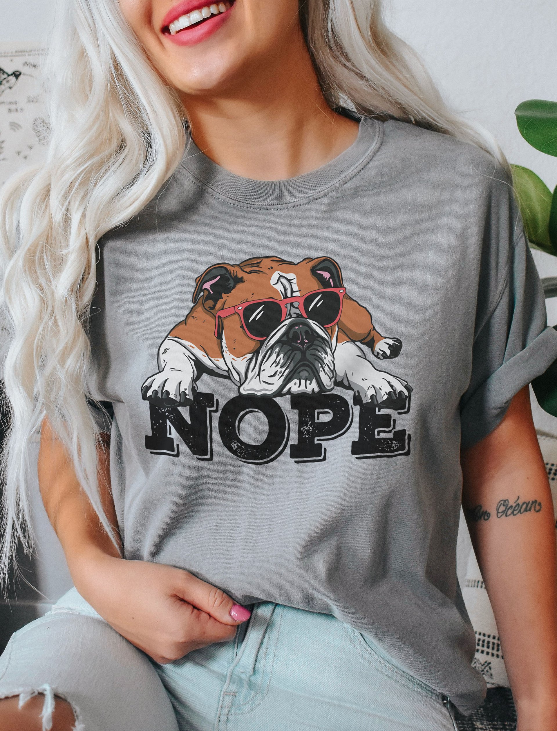 Nope Funny T-Shirt | Funny Lazy English Bulldog Wearing Sunglasses T-Shirt for Dog Lovers product image (2)
