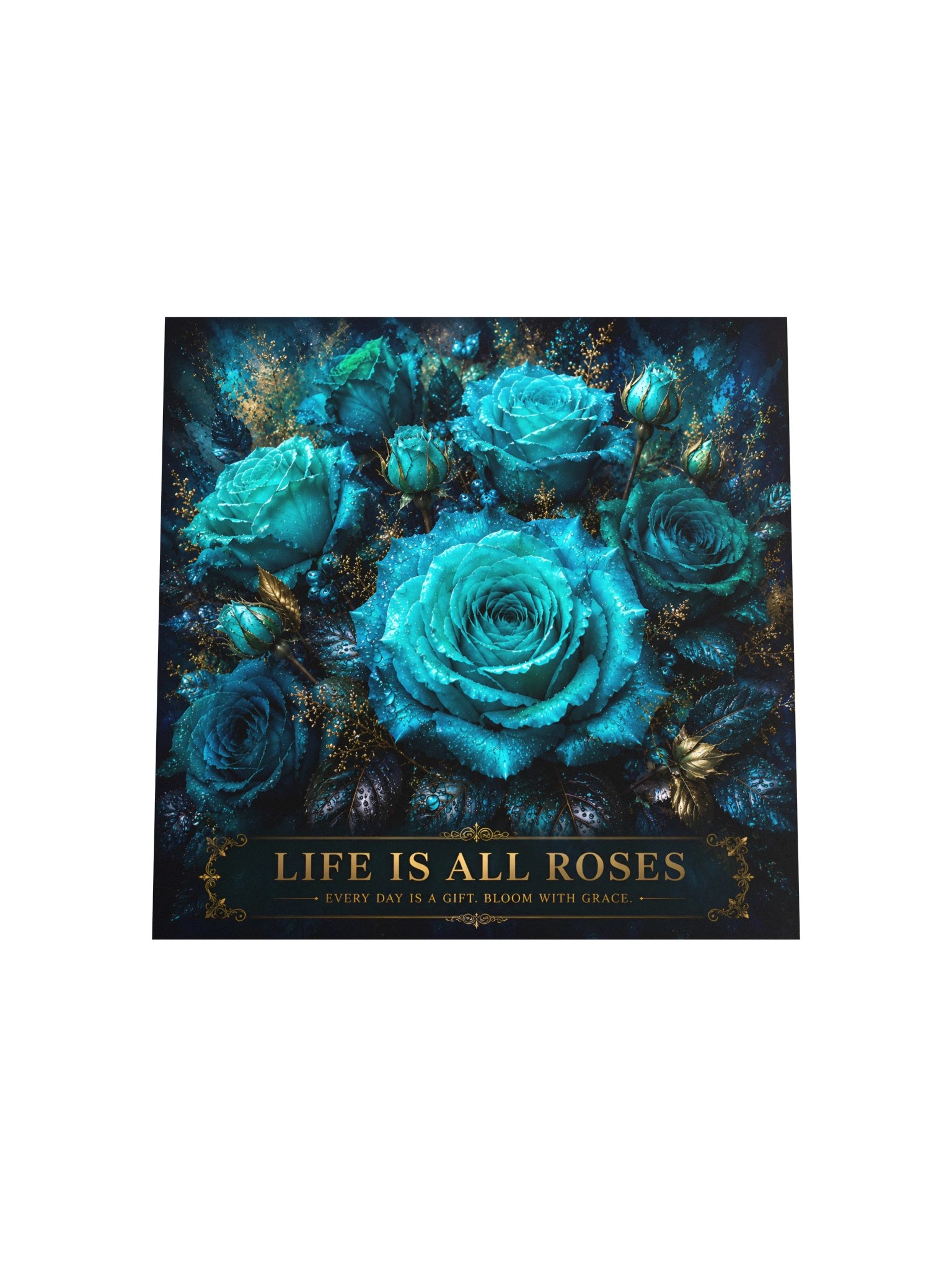Turquoise Blue Roses Wall Art, Life Is All Roses, Teal Botanical Poster, Luxury Room Decor product image (5)